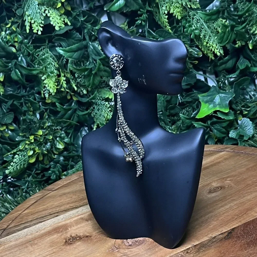 Earrings Women Dark Silver Tone And Stone Fashion‎ Dangle Drop 4.5 Inch 2127